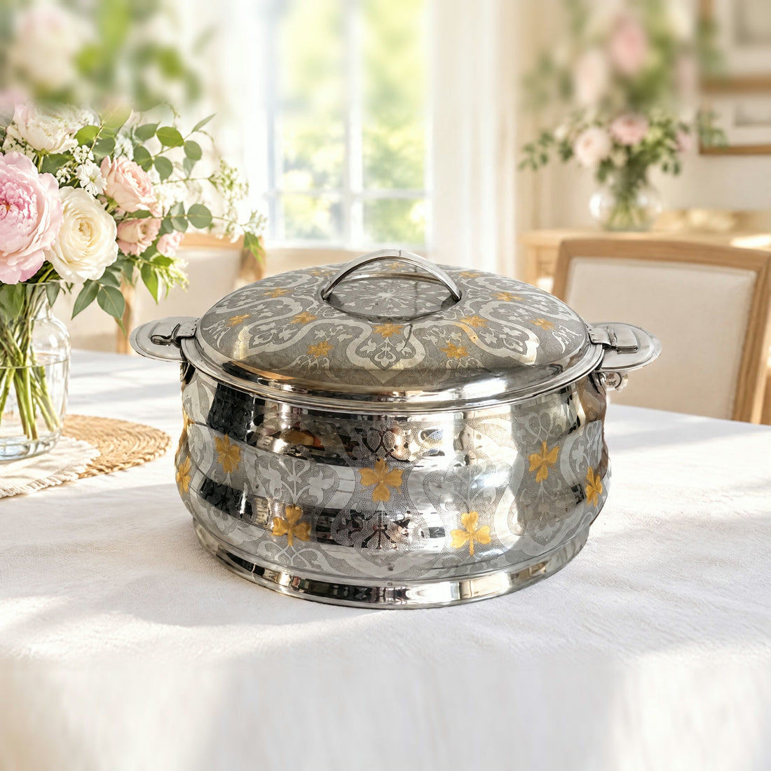Boîte repas isotherme inox dorée TACSAM 3,5 L sur une table claire et fleurie