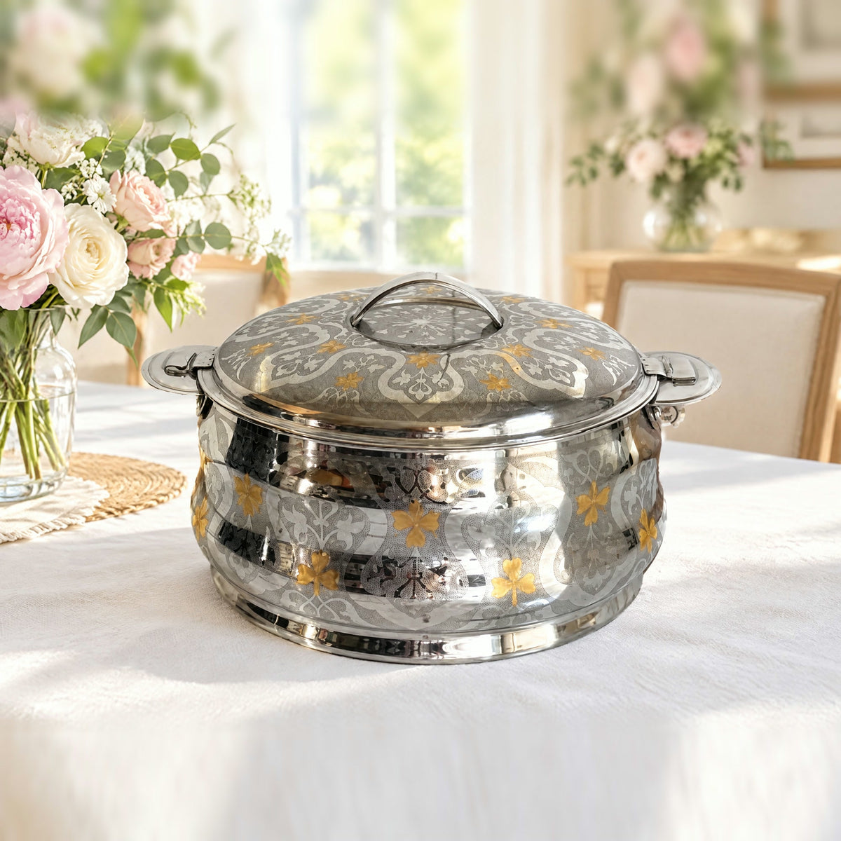 Boîte repas isotherme inox dorée TACSAM 3,5 L sur une table claire et fleurie