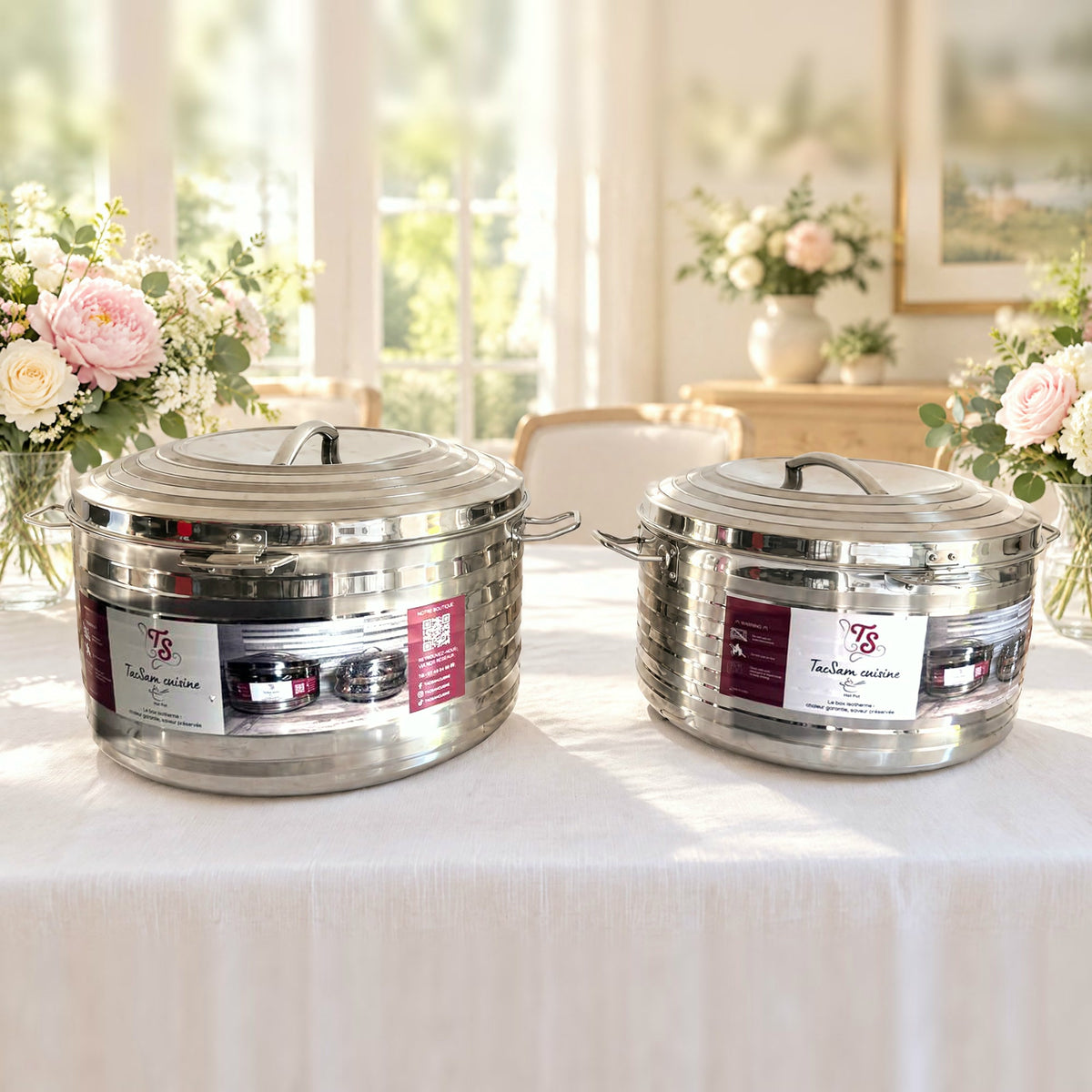 Lot duo de boîtes isothermes inox TACSAM 40 et 30 L sur une table de fête claire et fleurie