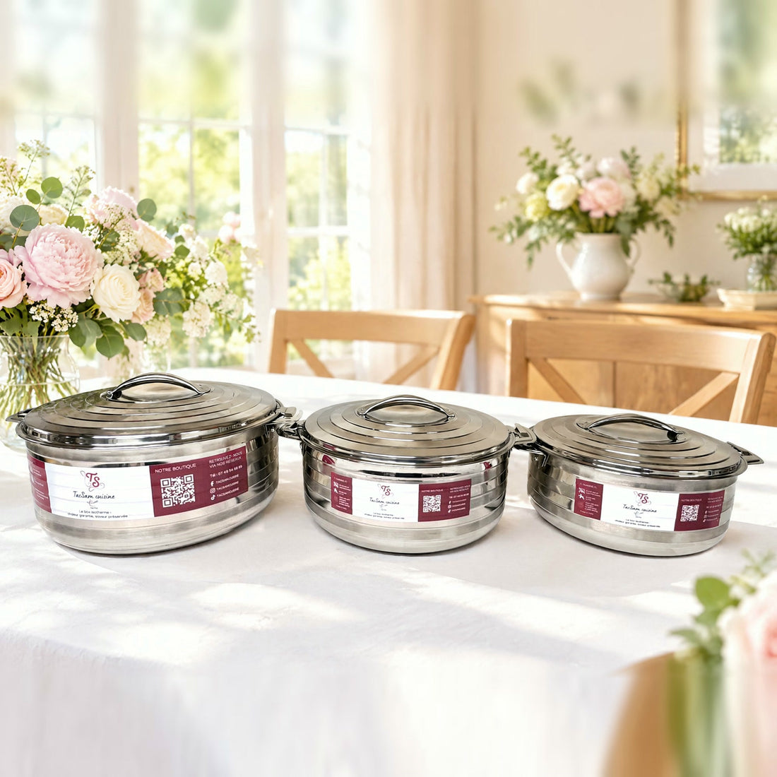 Lot de 3 boîtes isothermes inox TACSAM 8,5, 5 et 3,5 L sur une table claire et fleurie