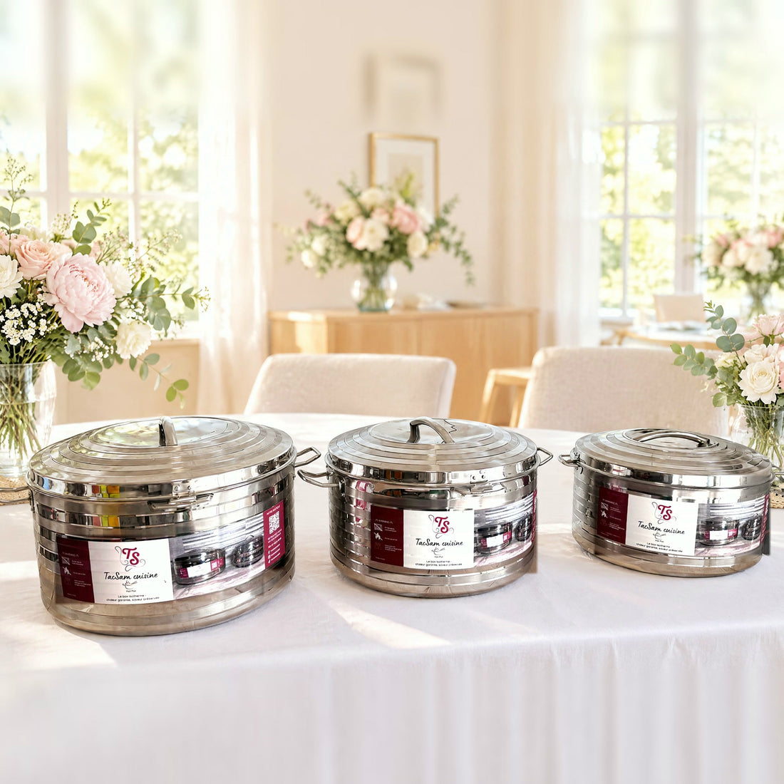 Lot trio de boîtes isothermes inox TACSAM 40, 30 et 20 L sur une table de fête fleurie