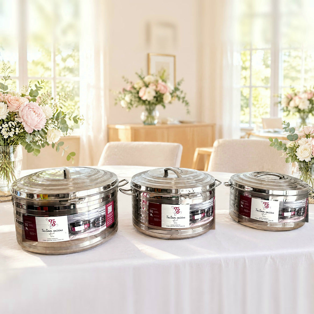 Lot trio de boîtes isothermes inox TACSAM 40, 30 et 20 L sur une table de fête fleurie