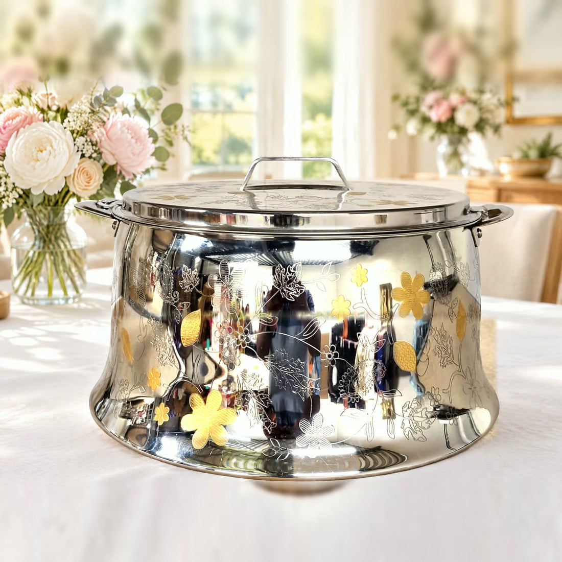 Boîte repas isotherme inox Royal Gold 7,5 L décor or 24 carats sur une table claire et fleurie