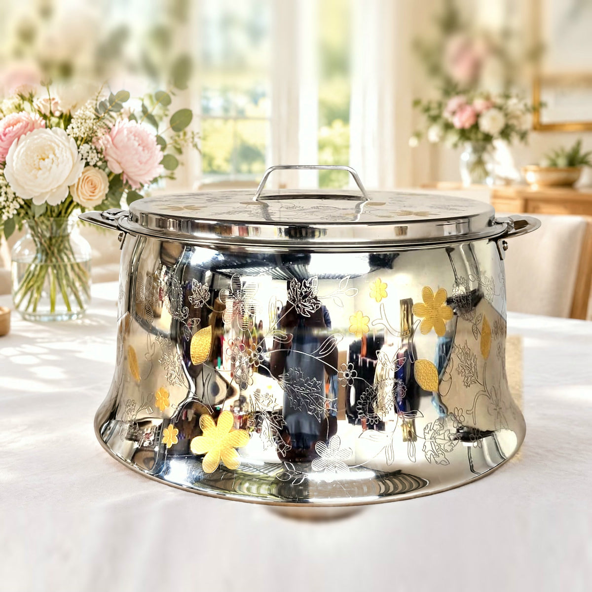 Boîte repas isotherme inox Royal Gold 7,5 L décor or 24 carats sur une table claire et fleurie