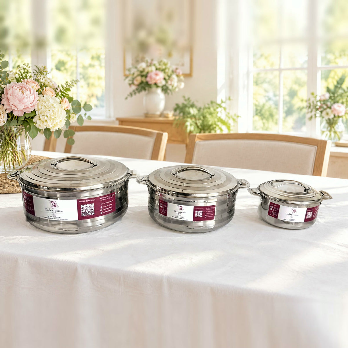 Lot trio de boîtes isothermes inox TACSAM 8,5, 5 et 1,5 L sur une table claire et fleurie