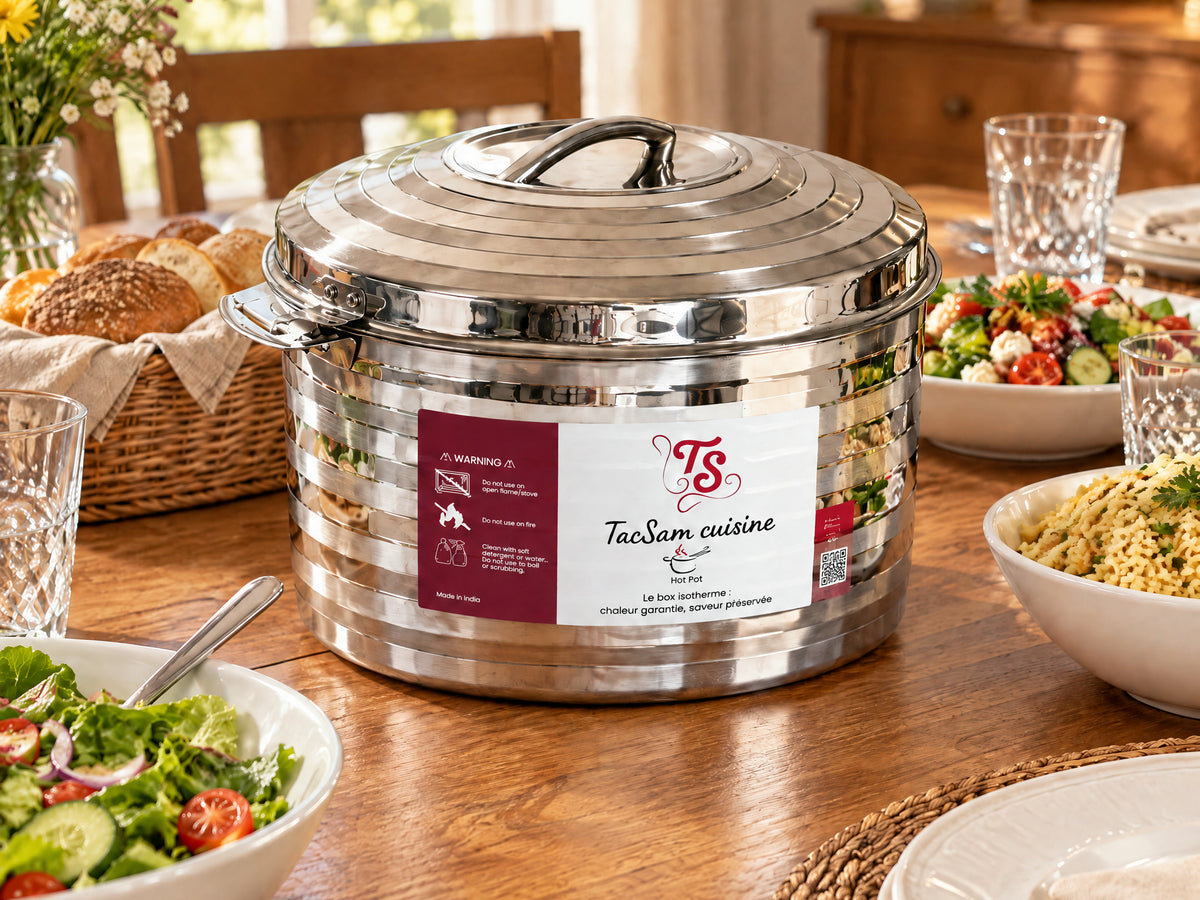 Grande boîte isotherme inox TACSAM au centre d'une table de repas de famille