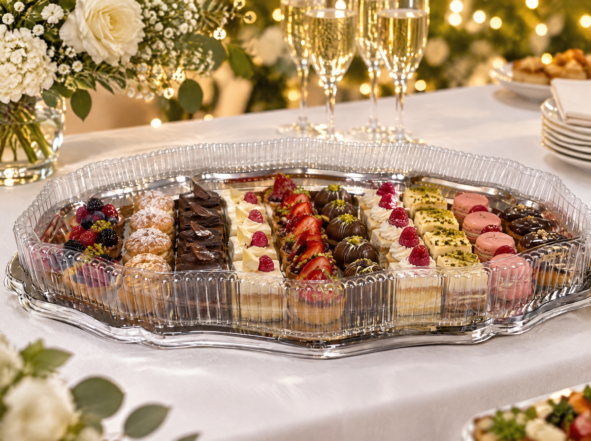 Plateau ovale inox TACSAM garni de petits fours sous sa coque transparente, sur une table de fête